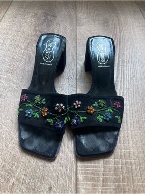 Vintage Luxury Free Lance Embellished Suede Slide Sandals with Floral Beading